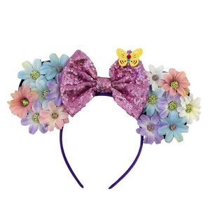 Floral Minnie Mouse Style Ears Headband with Purple Sequin Bow